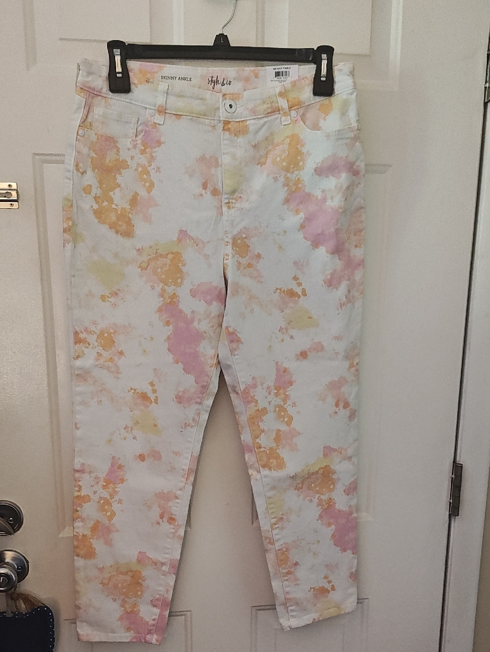 Styluxe Skinny Ankle Jeans - White with Pastel Pink & Yellow Splash